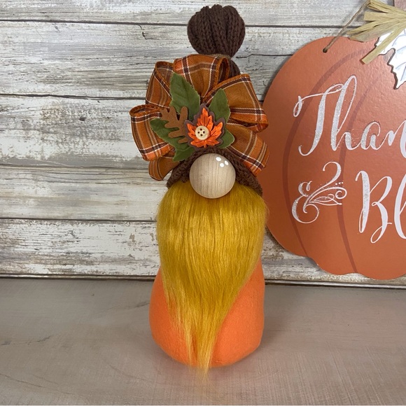Handmade Gnome Fall Harvest Autumn Farmhouse Home Decor Plaid Bow Sweater Hat - Picture 3 of 11